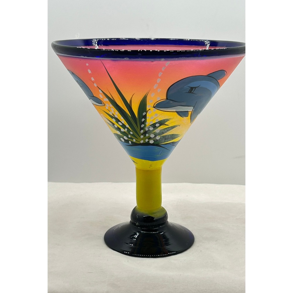 Hand Painted Dolphin Sunset Margarita Glass Cobalt Blue Rim Tropical Barware‎ - Picture 3 of 4